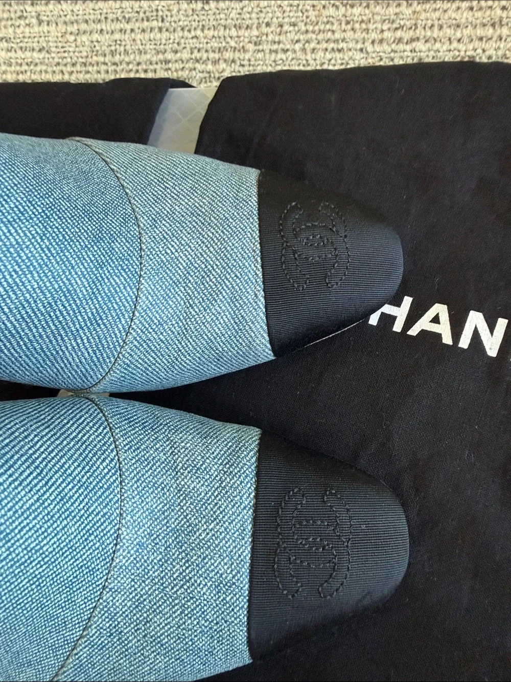 CHANEL Denim Blue and Black Cap-Toe Slip-On Mules
